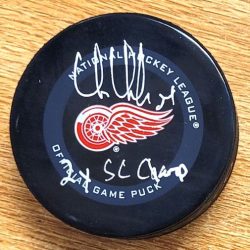 Autographed CHRIS CHELIOS "2X SC Champ" Detroit Red Wings Game Hockey Puck JSA