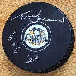 Autographed TOM BARRASSO "HOF 2023" Pittsburgh Penguins 50th Anniversary Hockey Puck