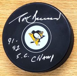 Autographed TOM BARRASSO "91,92 SC Champ" Pittsburgh Penguins Hockey Puck