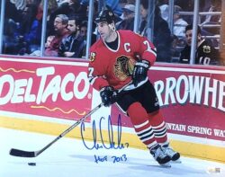 Autographed CHRIS CHELIOS "HOF 2013" 11x14 Chicago Blackhawks Photo JSA