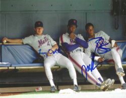 AUTOGRAPHED LENNY DTKSTRA, DOC GOODEN and DARRYL STRAWBERRY 8X10 New York Mets photo