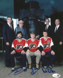 Autographed Reggie Leach, Bobby Clarke & Bill Barber 8X10 Philadelphia Flyers Photo JSA