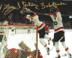 Autographed Reggie Leach, Bobby Clarke & Bill Barber 8X10 Philadelphia Flyers Photo JSA